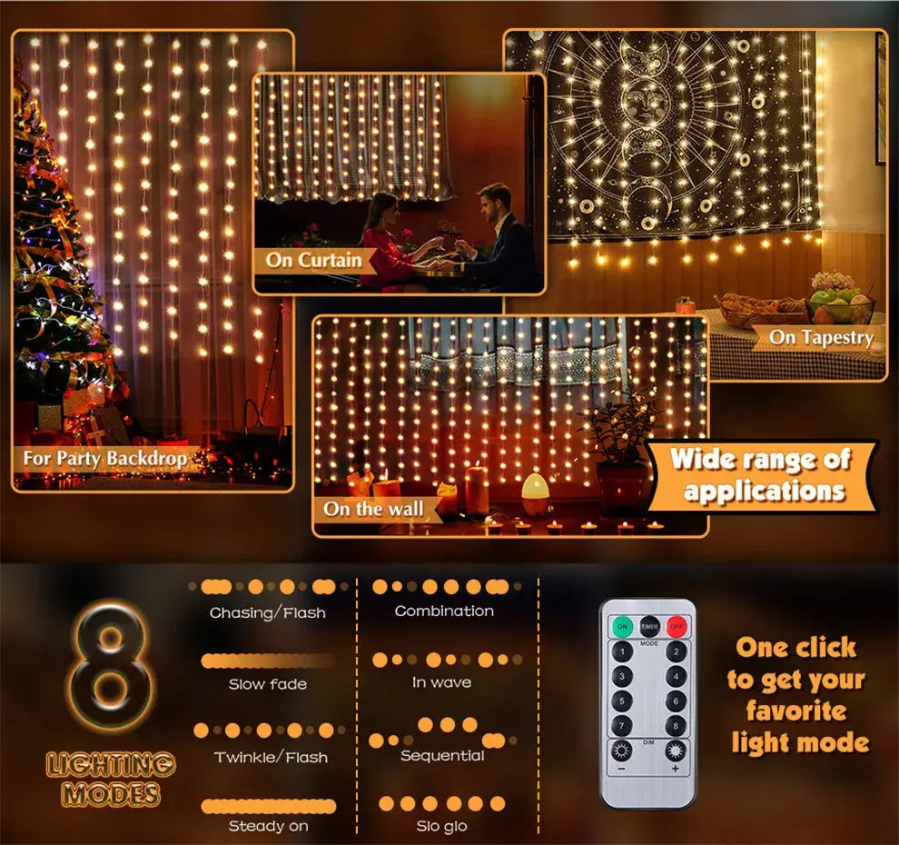 Christmas Lights LED Fairy String Curtain Lights 8 Mode Remote USB AliExpress